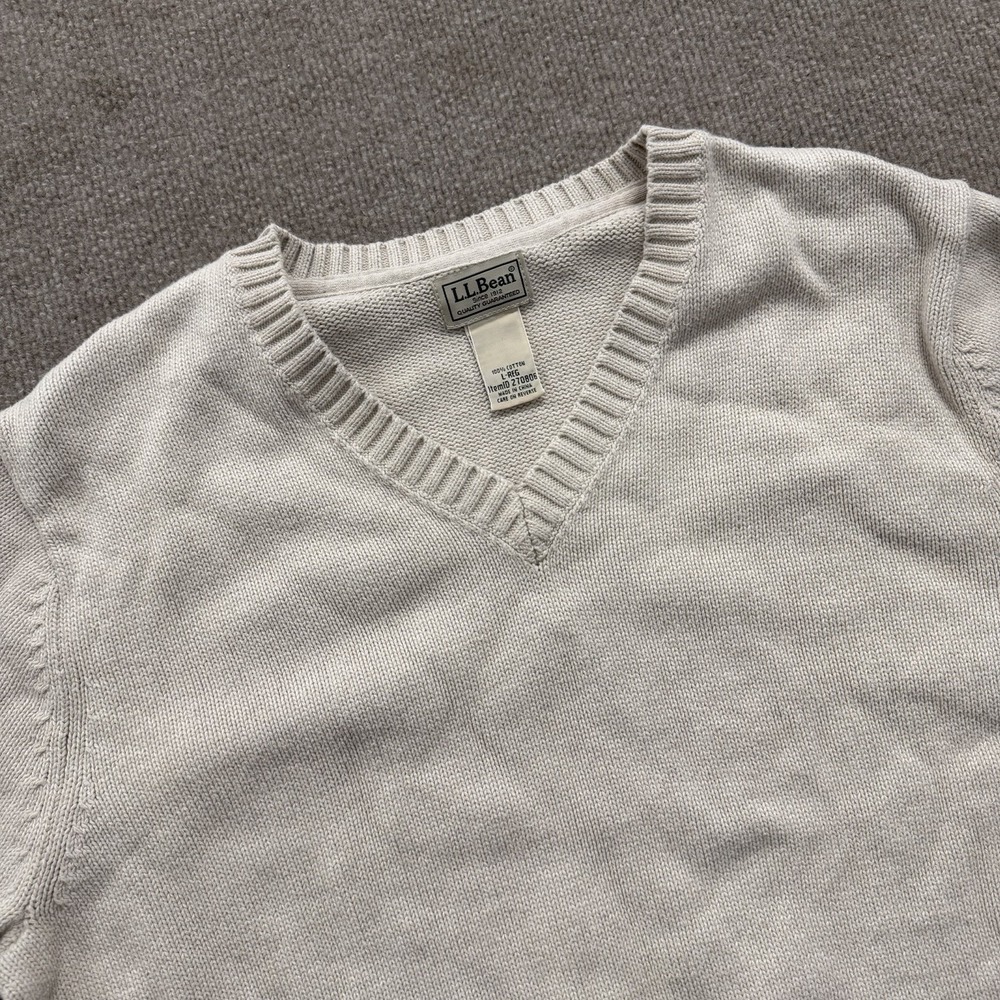 LL Bean Knit Sweater 100% Cotton V-Neck Cream Men's Size Large